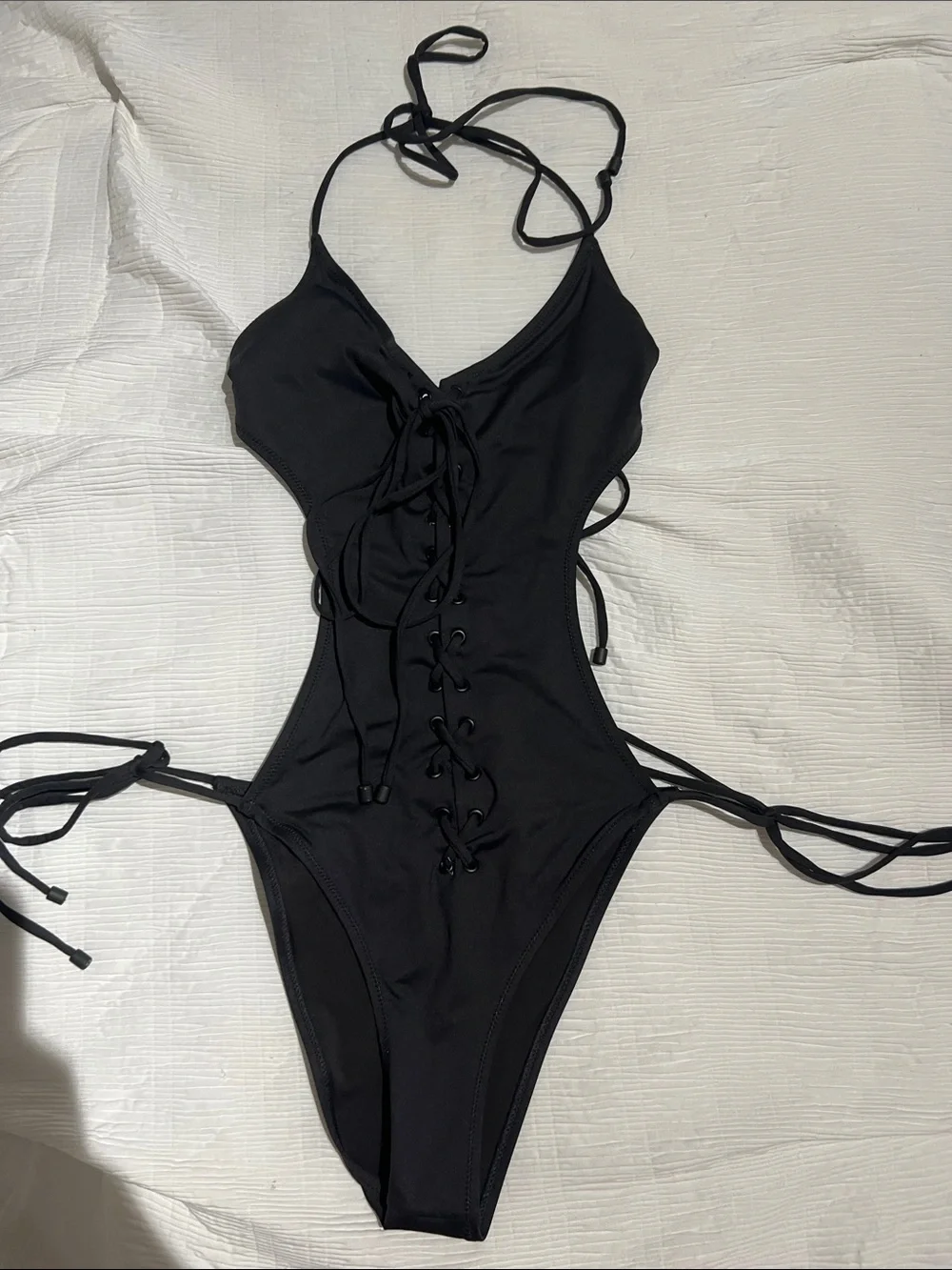 Black Lace-Up Halter One-Piece Swimsuit